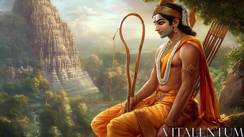 Divine warrior prince rests before towering forest temple.