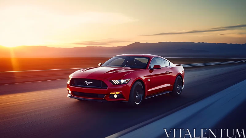 Red sports coupe driving on highway at sunset light.