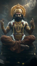 Digital deity figure sits cross-legged with ornate regalia