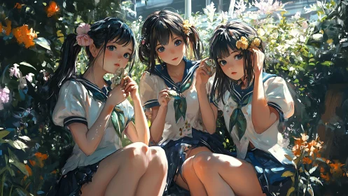 Anime schoolgirls in sunlit garden with vivid blossoms.