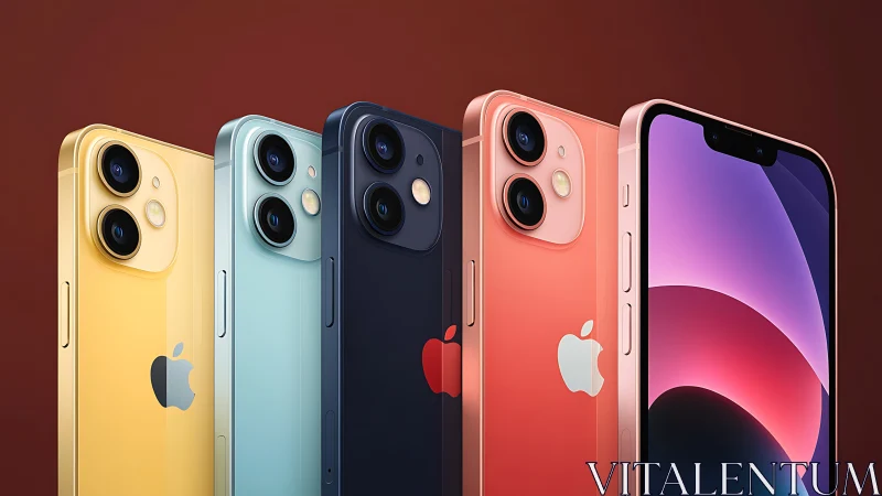 Row of colorful iPhones displayed in staggered rear and front views