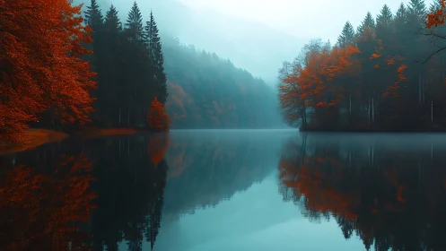 Fog-covered forest lake with symmetrical autumn reflections.