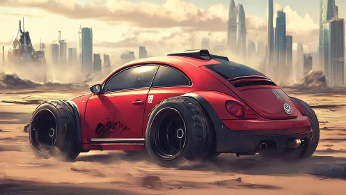 Red modified Volkswagen Beetle in sandy futuristic cityscape.