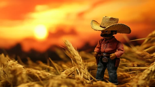 Toy cowboy stands in golden wheat against blazing sunset sky