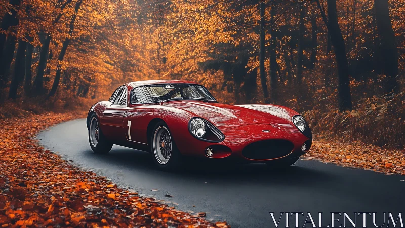 Classic red sports car glides through golden autumn forest