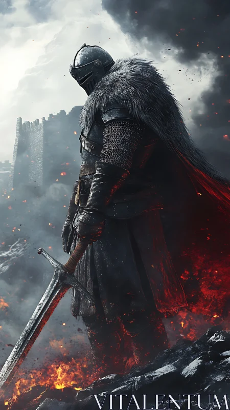 Armored knight with sword in volcanic battlefield environment.