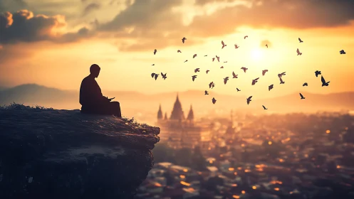 Monk silhouette meditating above city at warm sunset.