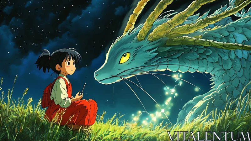 Cel-shaded nighttime encounter between girl and luminous dragon