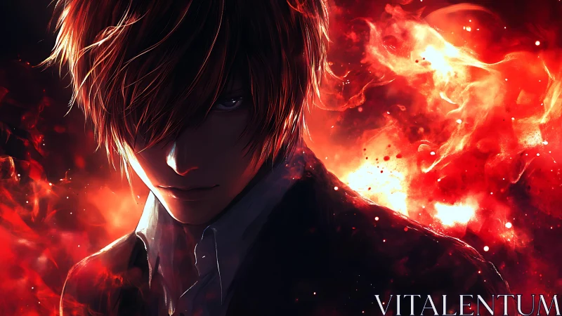 Intense anime male portrait framed by swirling red fire.
