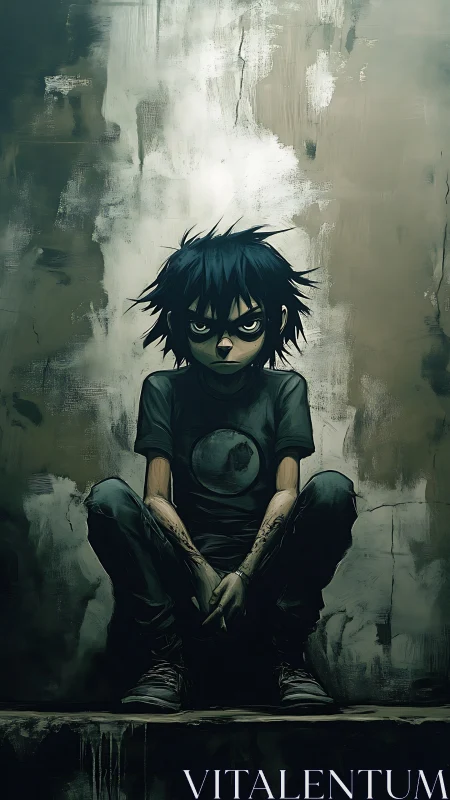Brooding cartoon youth seated against textured wall.
