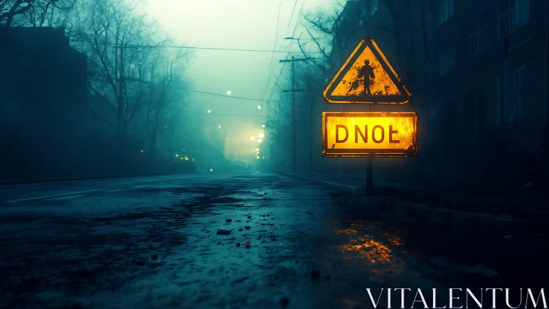 Foggy night street with glowing distorted warning sign.