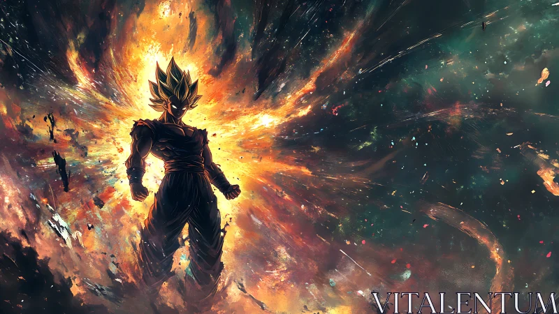 Silhouetted warrior amid radial fiery energy burst field.