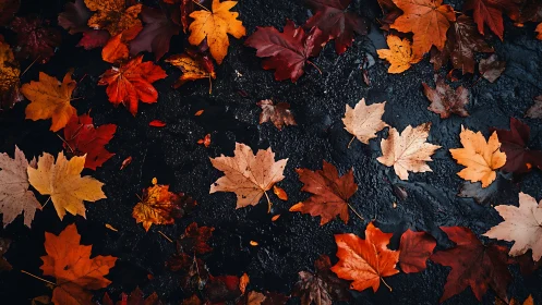 Wet pavement carries vivid scattered maple leaves in autumn