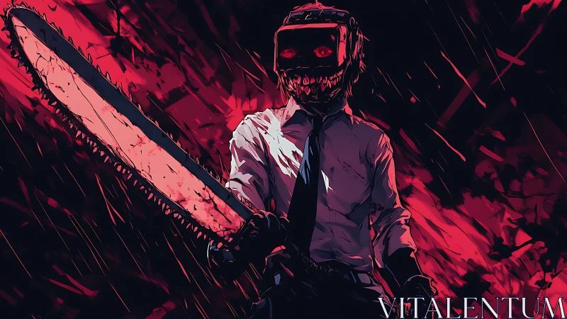 Chainsaw-headed antihero strides through crimson storm.
