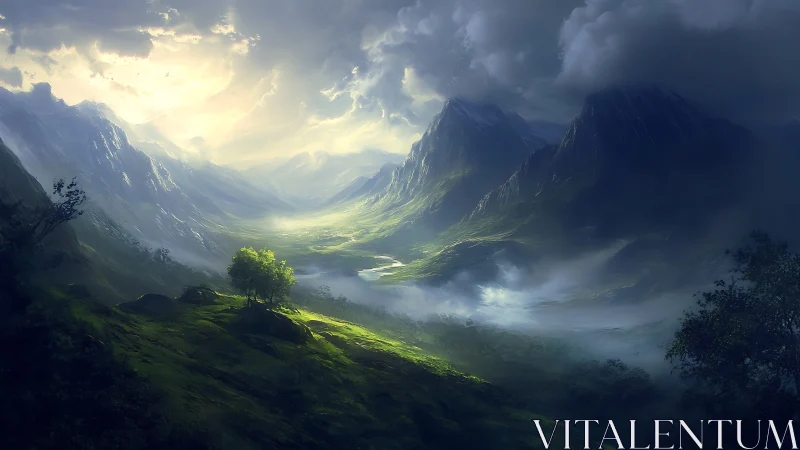 Luminous valley landscape under stormlit mountain skies.
