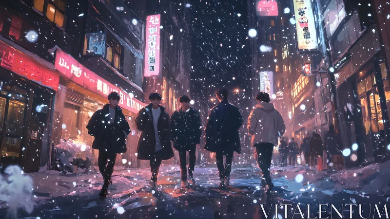 Snowlit neon drifts around five friends crossing midnight streets