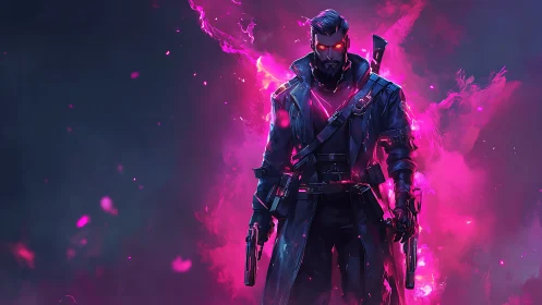 Neon gunslinger stalks through ultraviolet stormfire haze