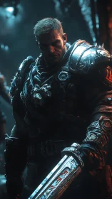 Battle-hardened space warrior holding a glowing steel sword.
