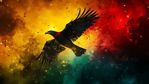 Majestic Black Eagle in Abstract Colorful Sky Digital Art.