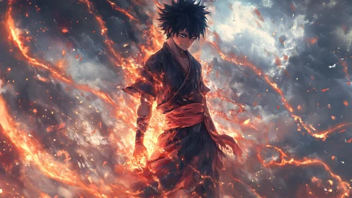 Anime fire wielder stands amid swirling embers and smoke