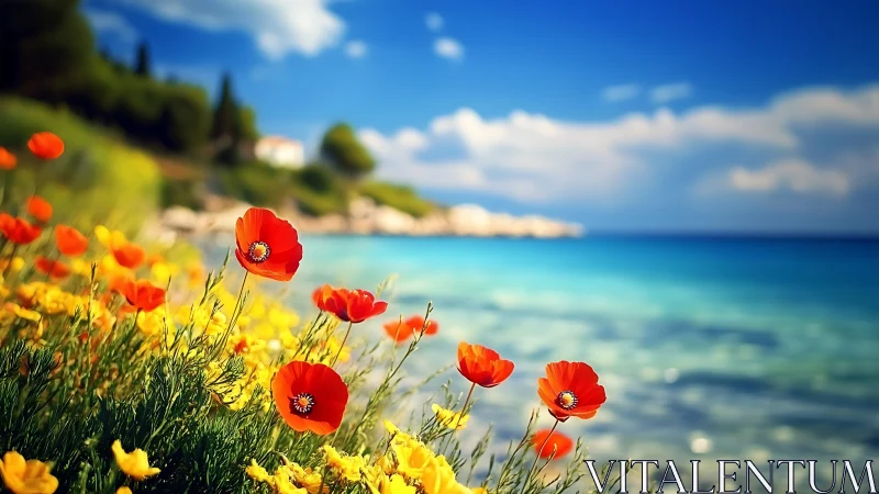 Chromatic Meadow Composition with Red Poppies Overlooking Mediterranean Seascape