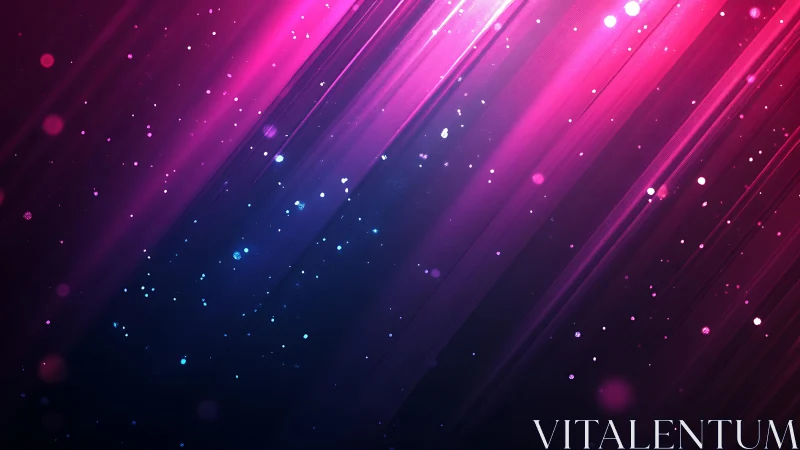 Vibrant diagonal neon light streaks with glowing particles, abstract digital art.