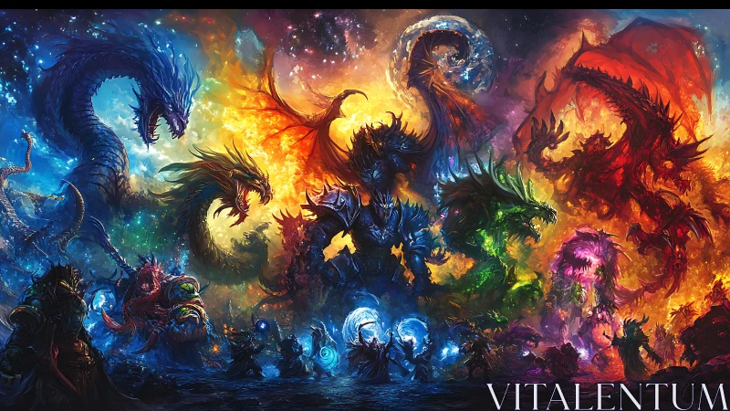 Elemental dragon pantheon encircling armored warlock.