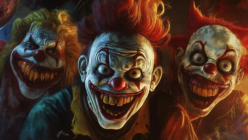 Grotesque trio of sinister grinning clowns at close range.