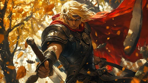 Blond armored swordsman in autumn forest battle scene.