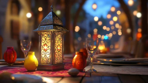 Intricate metal lantern on bokeh-lit outdoor banquet table.