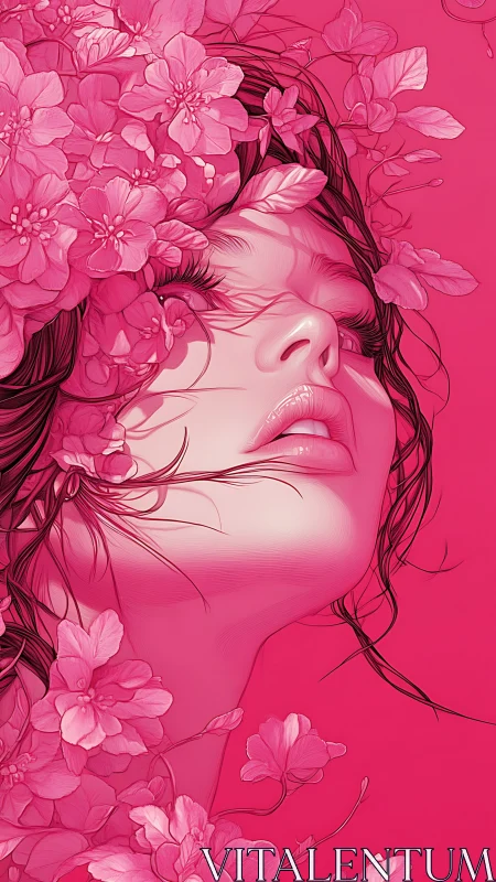 Floral portrait of a woman emerging from vivid pink blossoms.