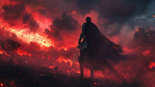 Lone armored hero stands calm within a storm of red fire