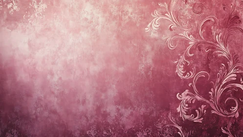 Floral baroque flourishes curl across textured rose gradient