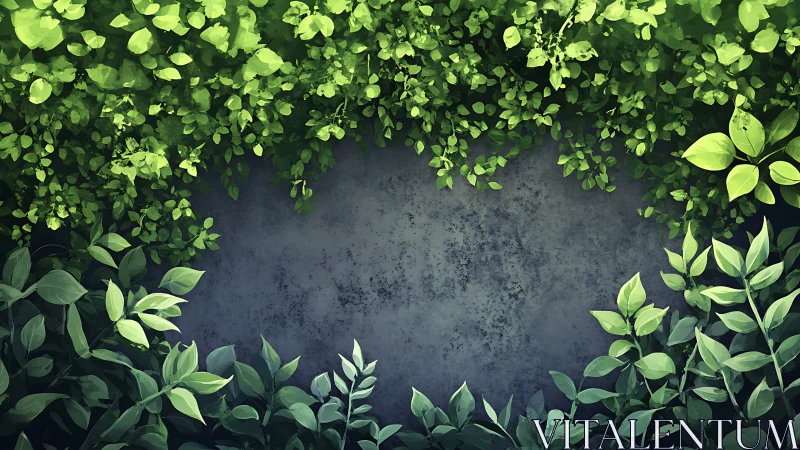 Green leafy frame around dark stone textured background