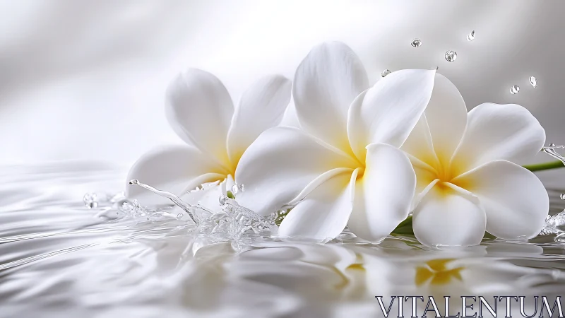White Plumeria Flowers Floating in Crystal Water Splash