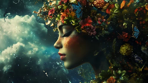 Side profile of floral crowned female face in dark cosmos