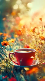 Red ceramic cup with beverage placed among meadow flowers