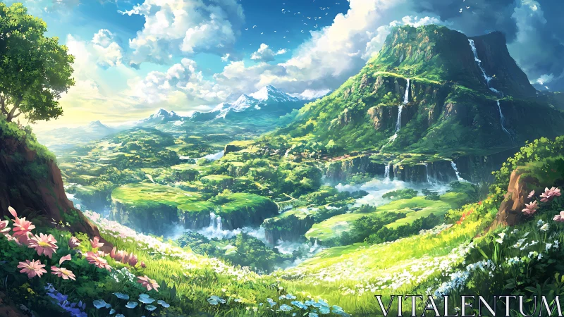 Lush valley landscape with tiered waterfalls and distant peaks.
