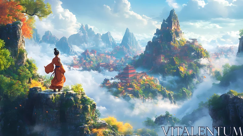 Solitary robed figure viewing terraced mountain city in clouds.