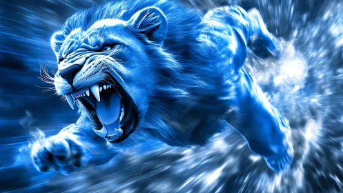 Blue glowing lion in dynamic digital motion burst.