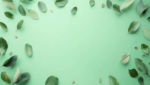 Green leaves encircle a calm mint background for natural design