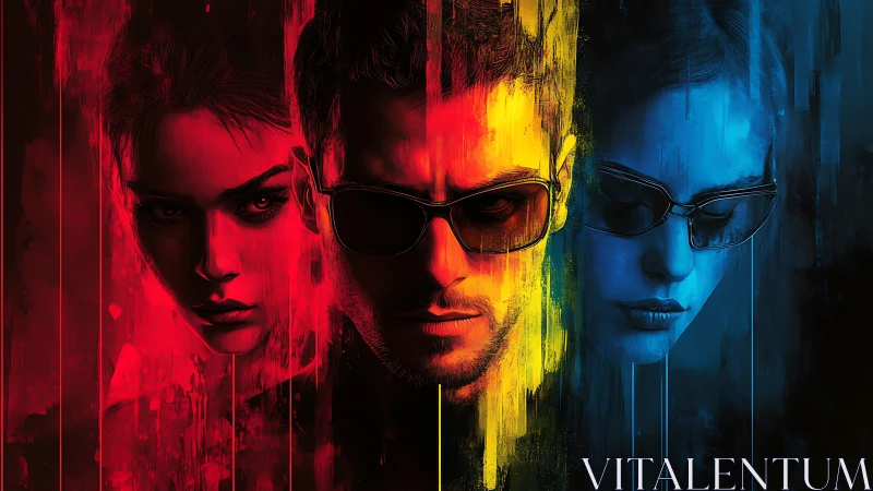 Triptych of neon faces dissolves into streaked color fields.