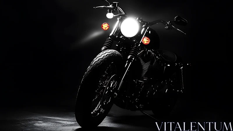 Motorcycle stands in low key lighting with headlight illuminated