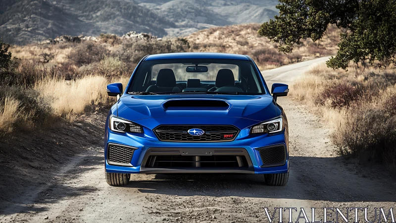 Bold blue Subaru sports car waits on a sunlit dirt road