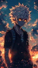 Youth with glowing eyes stands before burning sunset sky