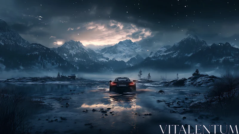 Twilight sports car glides toward calm snowlit mountain peaks