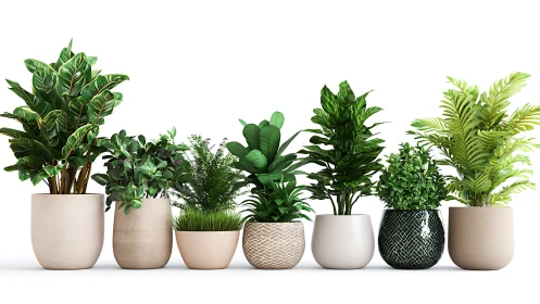 Cozy row of potted houseplants brightening a calm corner.