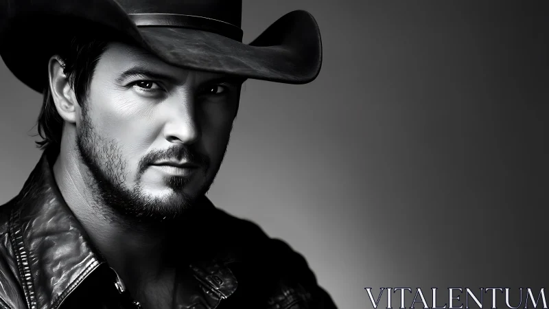 Monochrome cowboy portrait in dramatic side lighting.