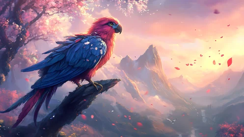 Majestic Parrot on Blossom Branch in Dreamy Fantasy Landscape.