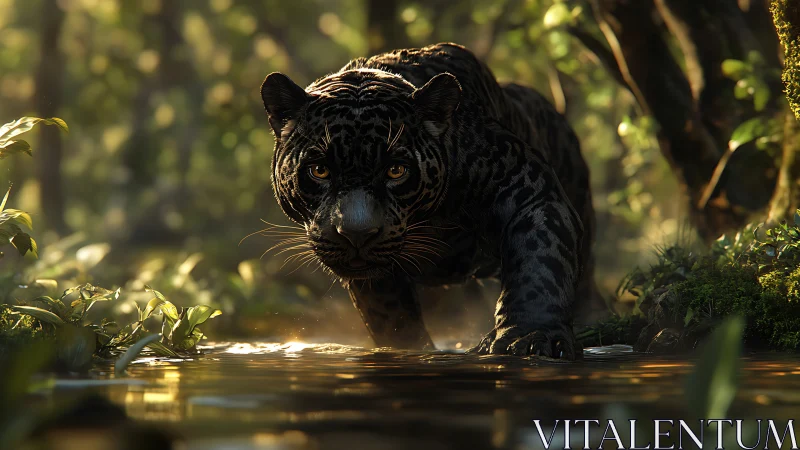 Majestic Black Panther Prowling Through Sunlit Waters.